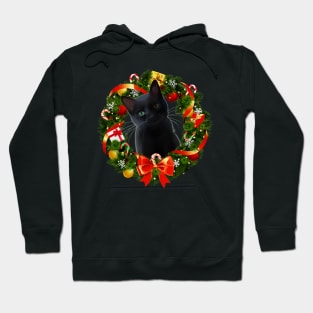 Funny Black Cat Christmas Wreath Ornament Hoodie